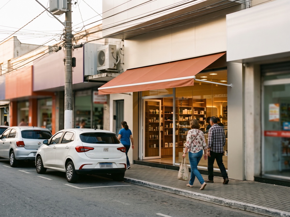 Loja de rua aberta no centro comercial de uma cidade do interior, com toldo terracota, vitrine iluminada e gente passando na calçada no fim da tarde